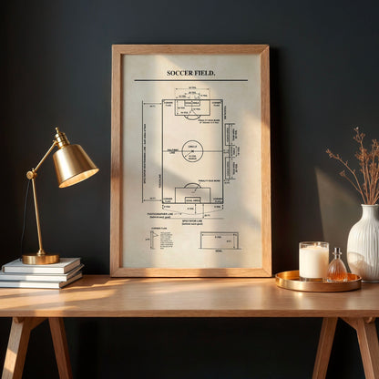 Framed soccer field diagram on a wooden table with a lamp and candle.