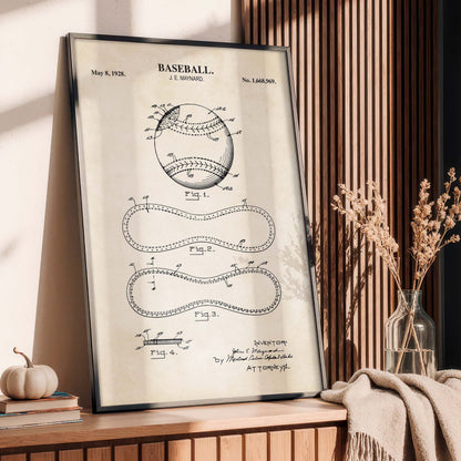 Framed baseball patent poster on a wooden surface with decorative elements.