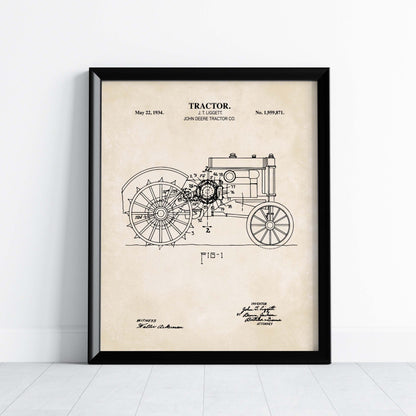 Framed antique tractor patent print on a white wall