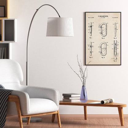 Modern living room with a white armchair, floor lamp, and framed basketball goal patent on the wall.