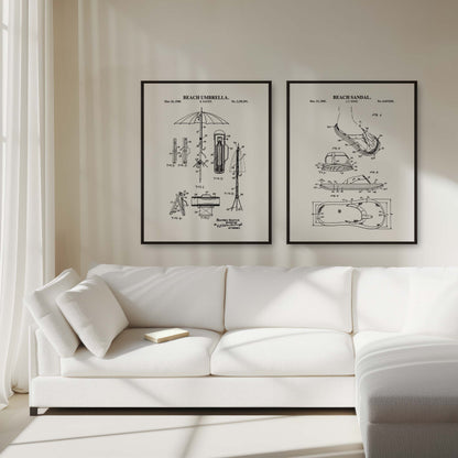 Beach Wall Art Set of 2 -  Flip Flop and Umbrella - Ready to Frame Prints