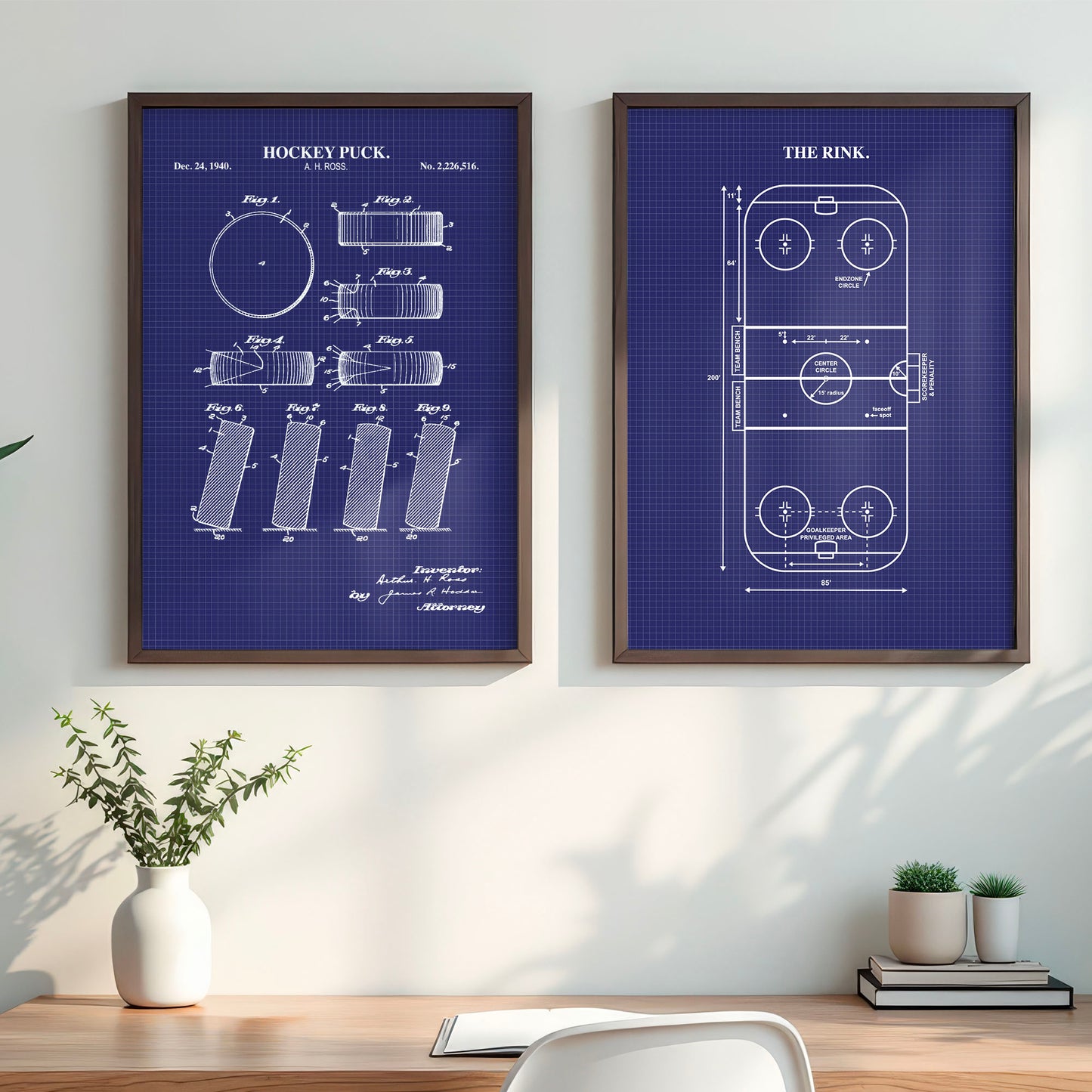 Hockey Wall Art Set - Puck Patent & Rink Diagram - Ready to Frame Prints