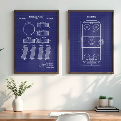 Hockey Wall Art Set - Puck Patent & Rink Diagram - Ready to Frame Prints