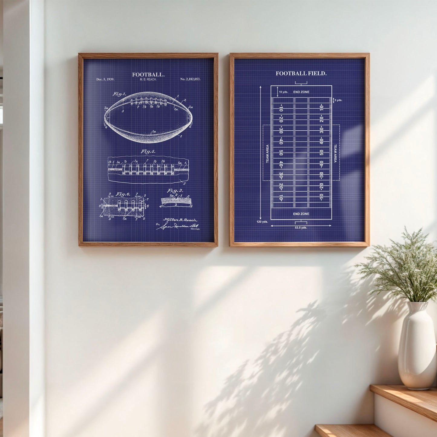 Football Wall Art Set - Football Patent & Field Diagram - Ready to Frame Prints