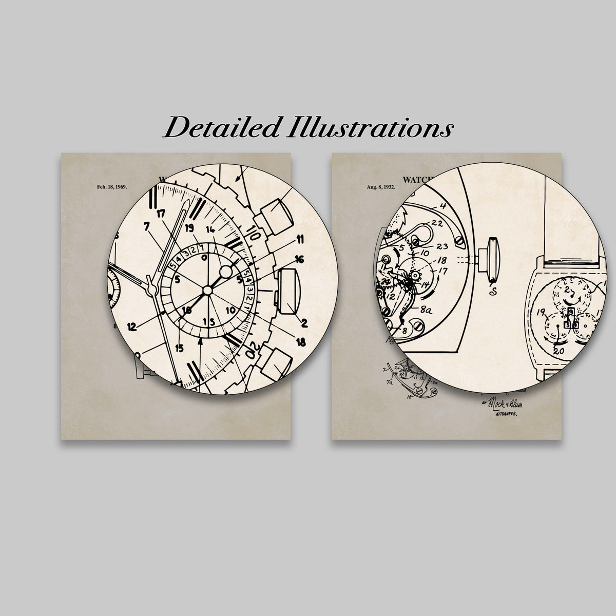 Close-up of vintage mechanical watch patent drawings showing gears and movement details