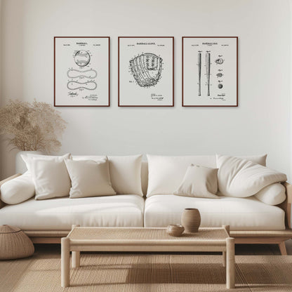 Baseball Patent Wall Art Set - Ball, Glove, Bat - Ready to Frame Prints