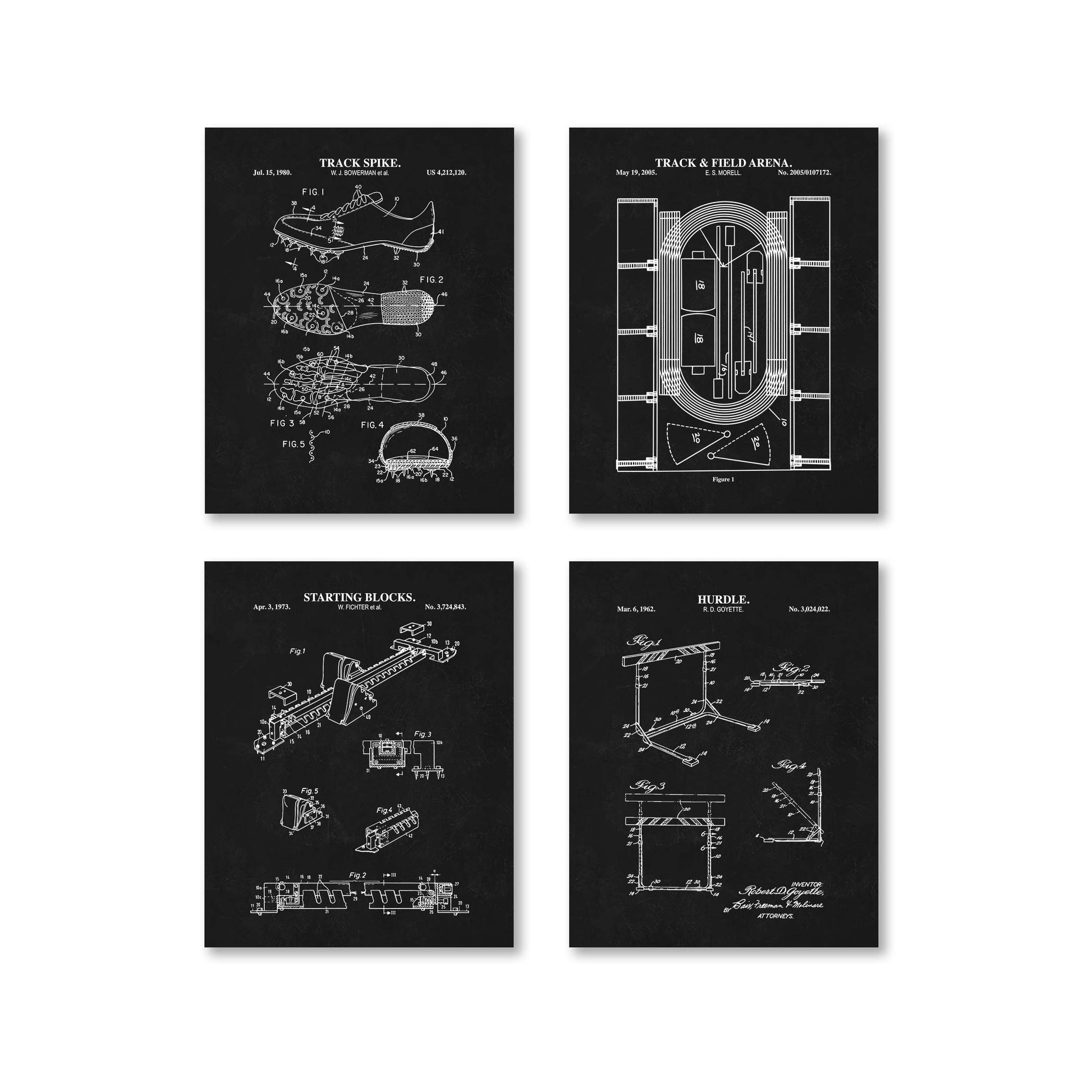 Four black and white patent-style posters of track and field equipment on a white background.
