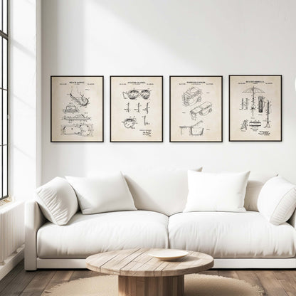 White sofa in a living room with four beach themed framed posters on the wall.
