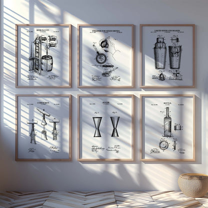 Bar Cart Patent Print Wall Art - Set of 6 Physical Prints