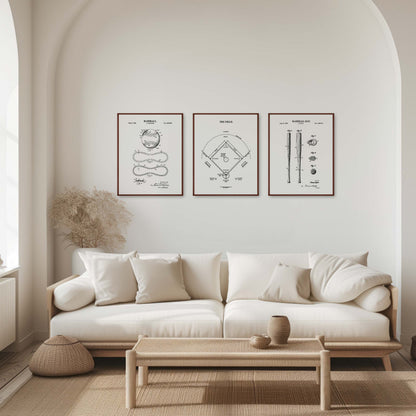 Modern living room with a white sofa, coffee table, and framed baseball artwork on the wall.