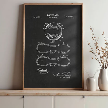Framed baseball patent poster on a wall with decorative elements.
