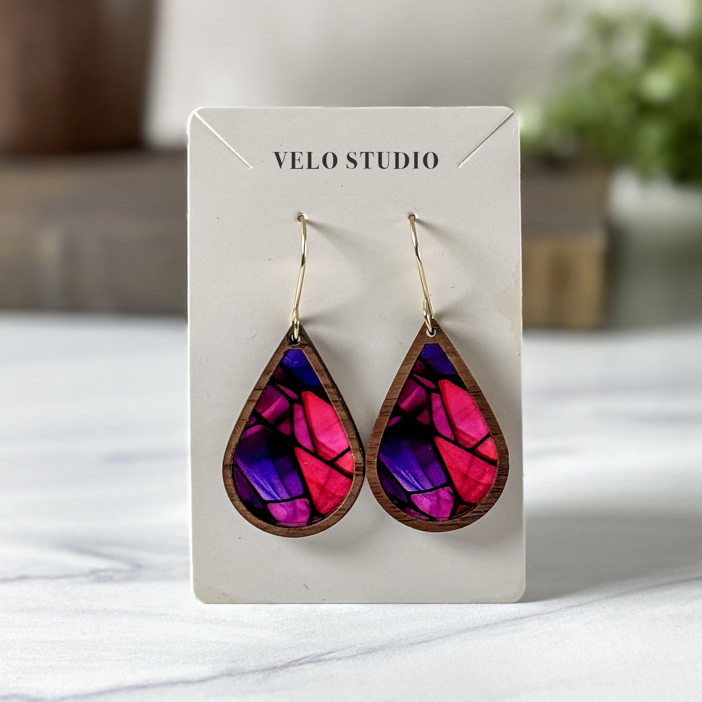 Pink & Purple Mosaic Faux Stained Glass Earrings