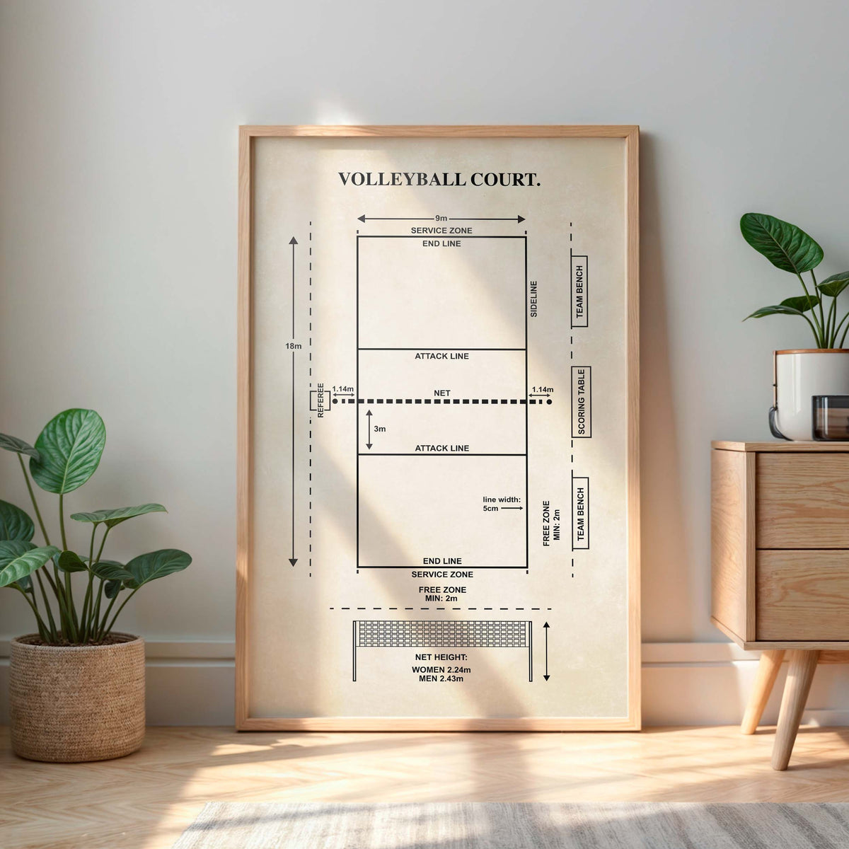 Vintage volleyball court diagram wall art in a wood frame displayed in a bright modern room.