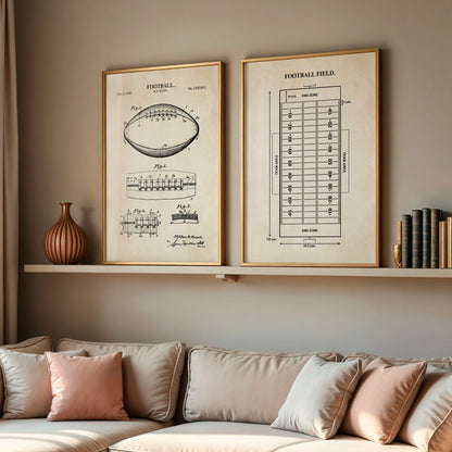 Football Wall Art Set - Football Patent & Field Diagram - Ready to Frame Prints