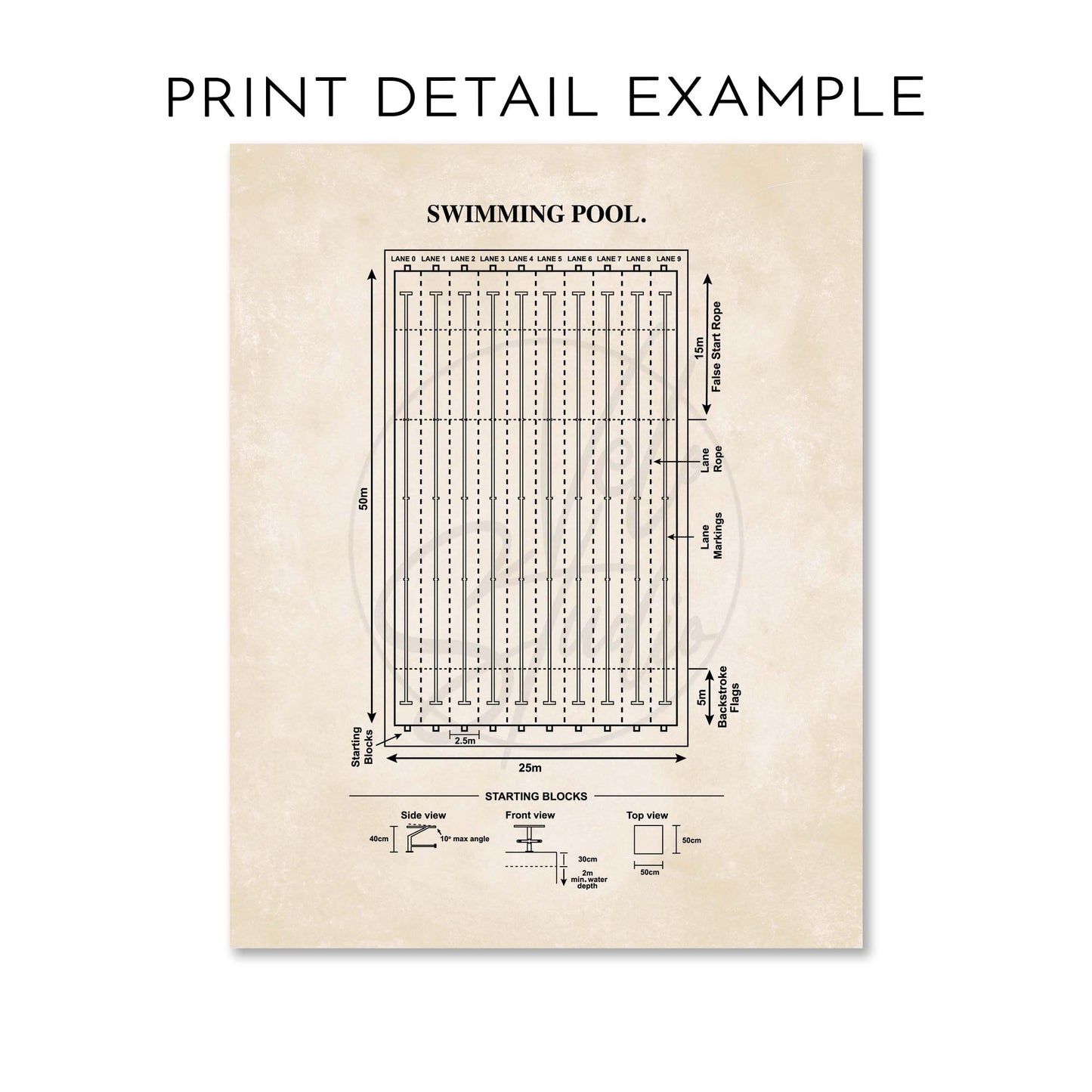 Vintage-style diagram of a swimming pool layout on a beige background