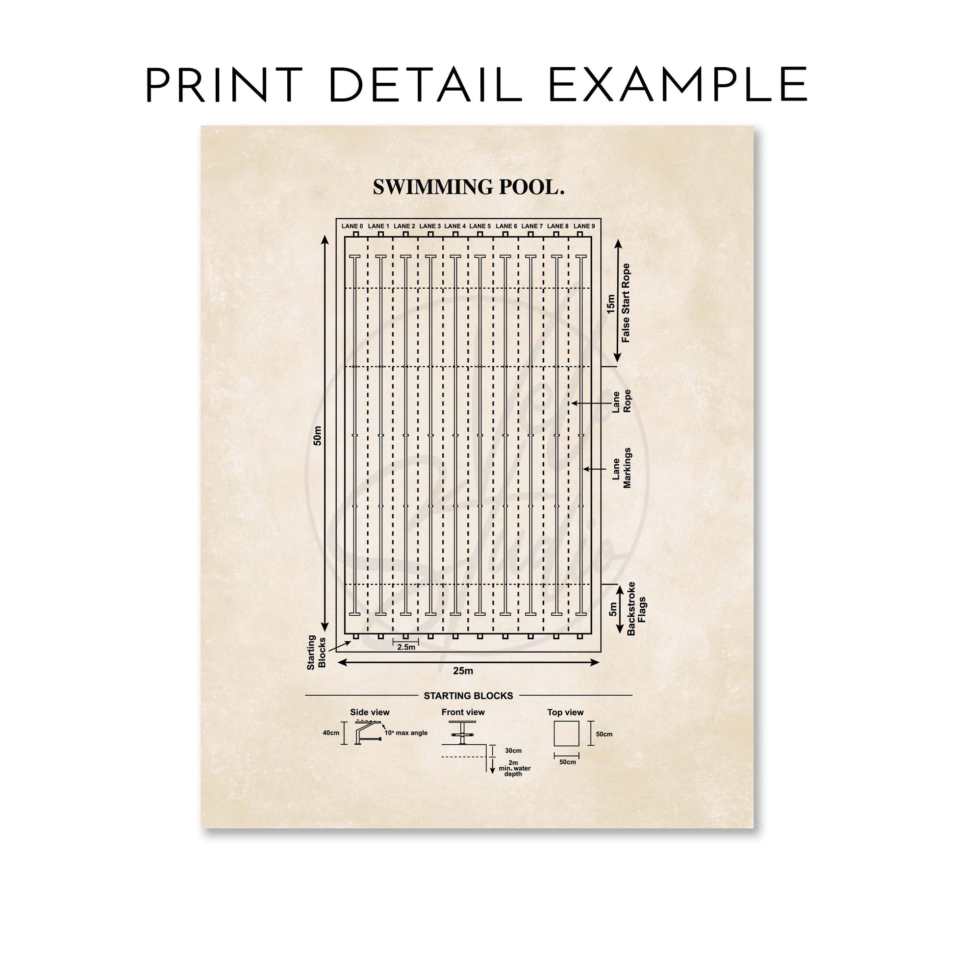Vintage-style diagram of a swimming pool layout on a beige background