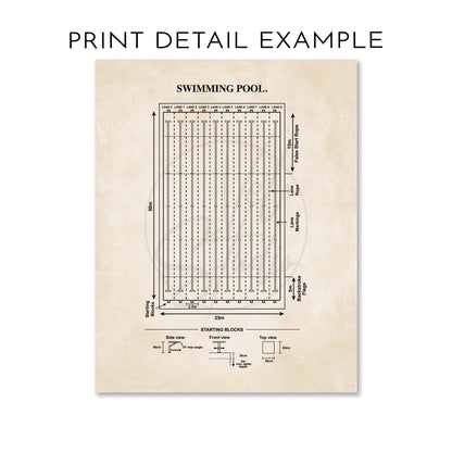 Vintage-style diagram of a swimming pool layout on a beige background