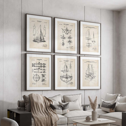 Nautical Sailing Patent Print Wall Art - Vintage Coastal Set of 6 - PRINTABLE DIGITAL DOWNLOAD