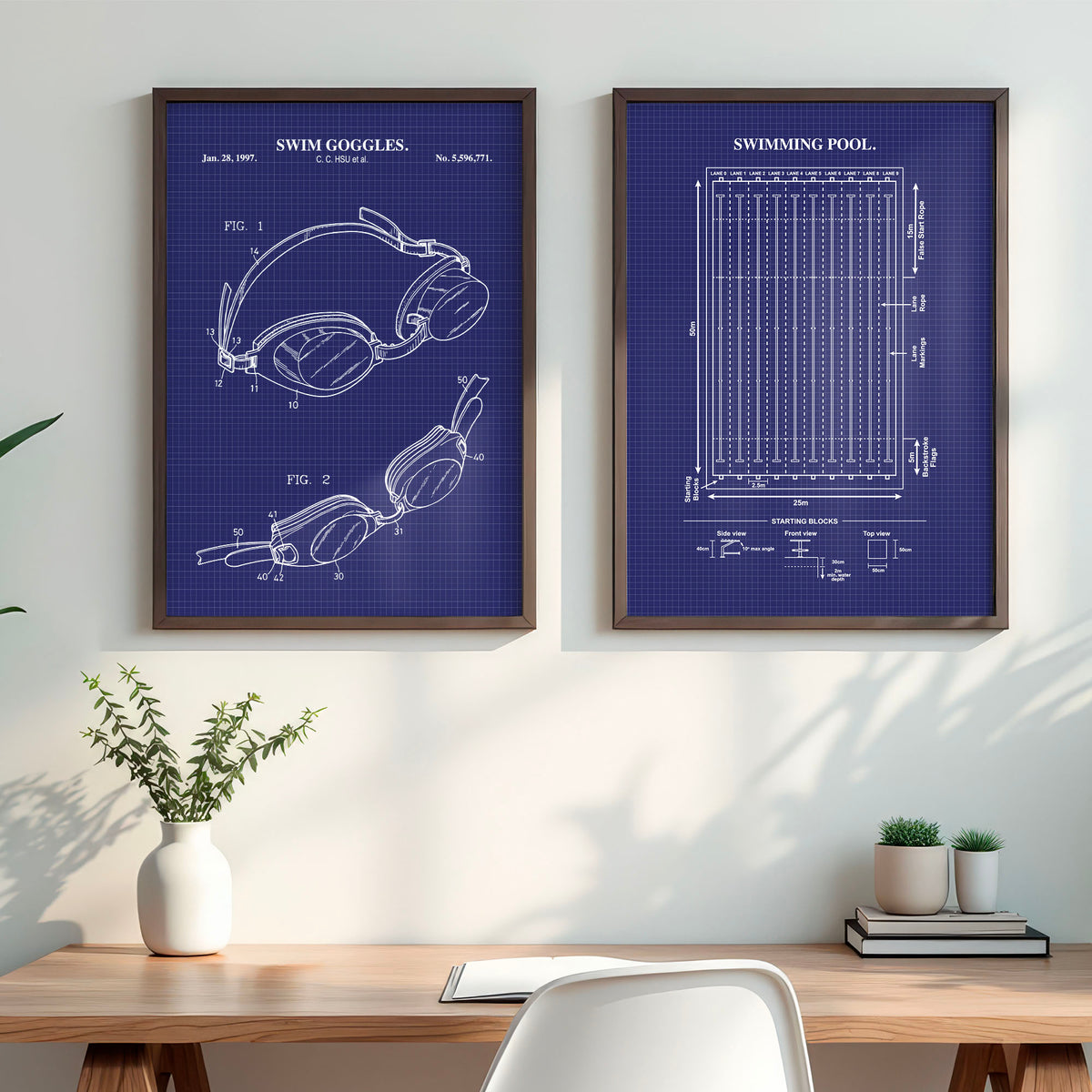 Swimming Wall Art Set - Swim Goggles & Pool- Ready to Frame Prints