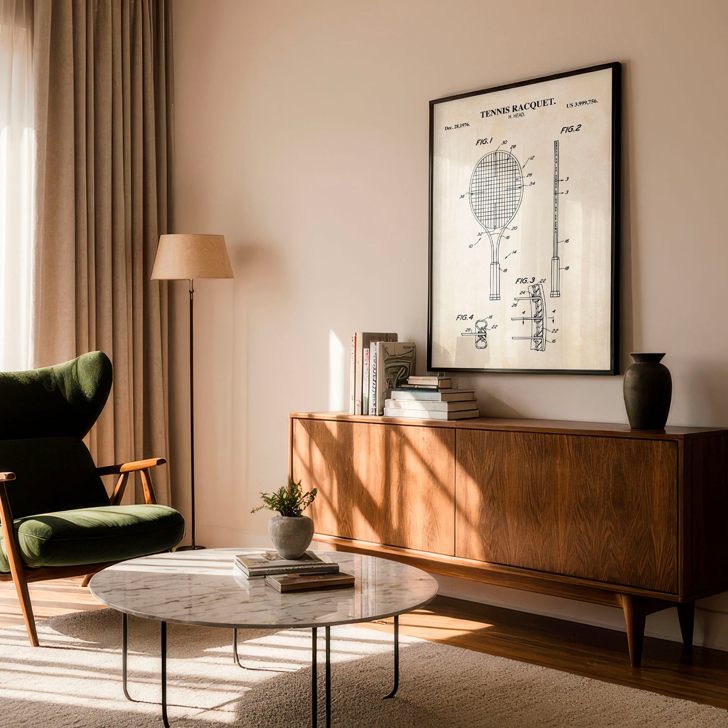 Living room with a green armchair, marble coffee table, wooden sideboard, and framed tennis racket patent on the wall.