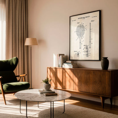 Living room with a green armchair, marble coffee table, wooden sideboard, and framed tennis racket patent on the wall.