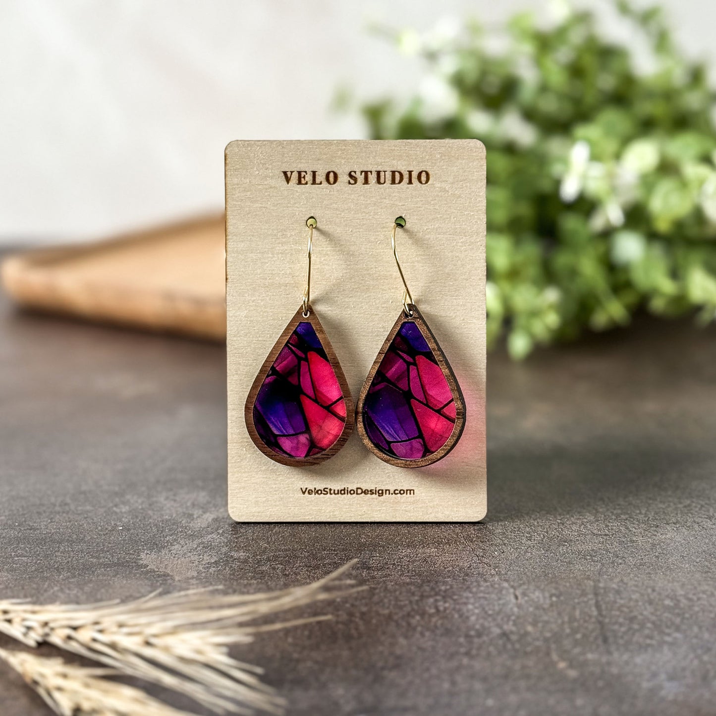 Pink & Purple Mosaic Faux Stained Glass Earrings