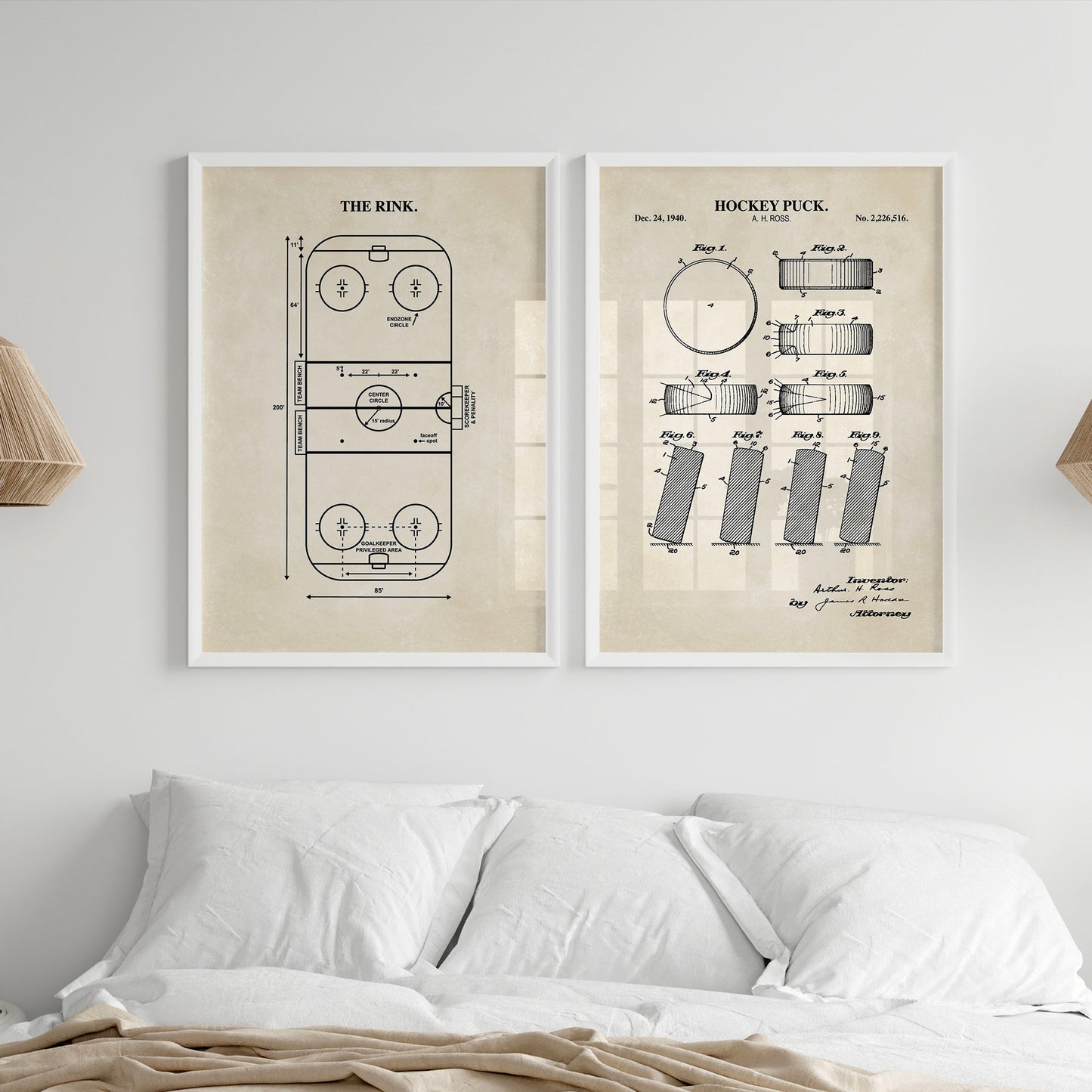 Hockey Wall Art Set - Puck Patent & Rink Diagram - Ready to Frame Prints