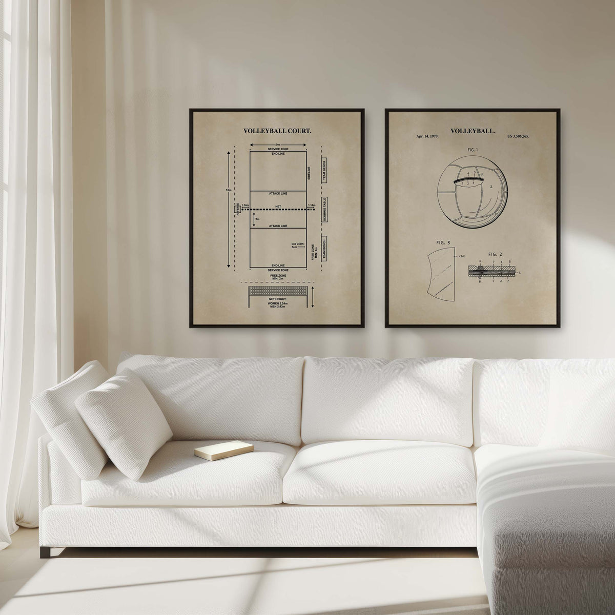 Two framed vintage-style volleyball court patent prints hang above a white sectional sofa in a bright, modern living room.