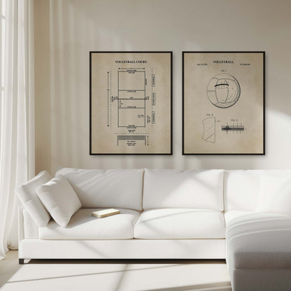 Two framed vintage-style volleyball court patent prints hang above a white sectional sofa in a bright, modern living room.