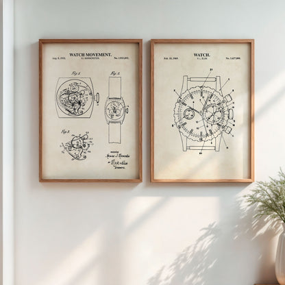 Vintage mechanical watch wall art displayed in a modern home office
