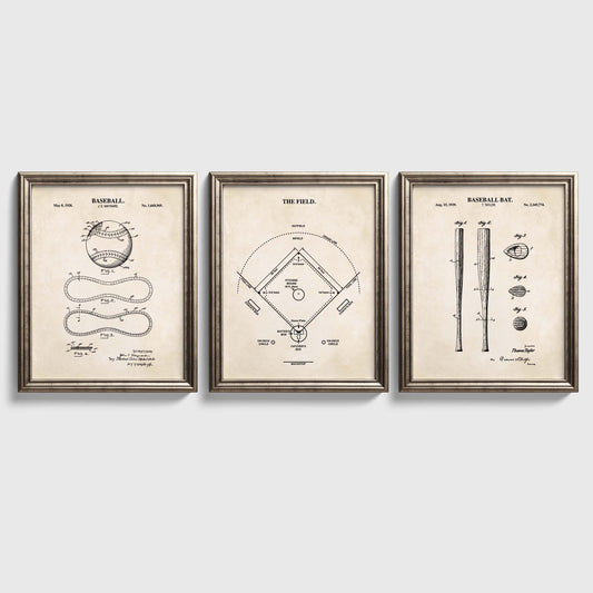Three framed baseball-themed prints on a light gray background