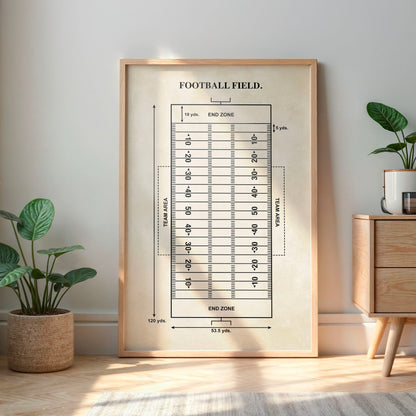 Framed diagram of a football field on a wall in a room with plants and a cabinet.