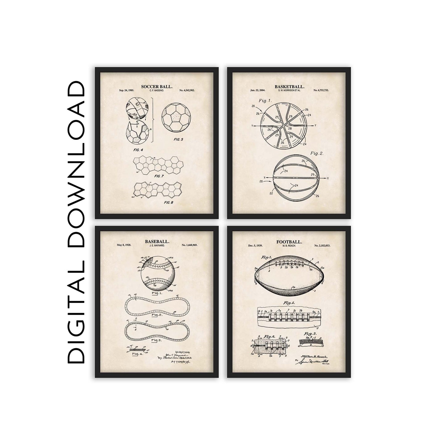 Baseball, Football, Soccer Ball and Basketball Patent Print Wall Art - Set of 4 - PRINTABLE DIGITAL DOWNLOAD