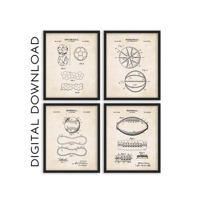 Baseball, Football, Soccer Ball and Basketball Patent Print Wall Art - Set of 4 - PRINTABLE DIGITAL DOWNLOAD