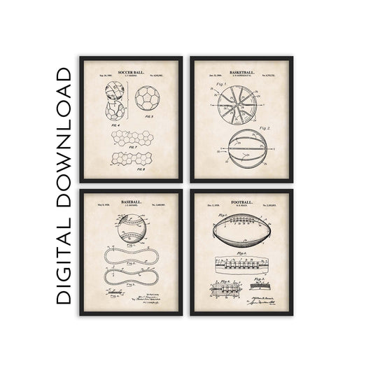 Baseball, Football, Soccer Ball and Basketball Patent Print Wall Art - Set of 4 - PRINTABLE DIGITAL DOWNLOAD