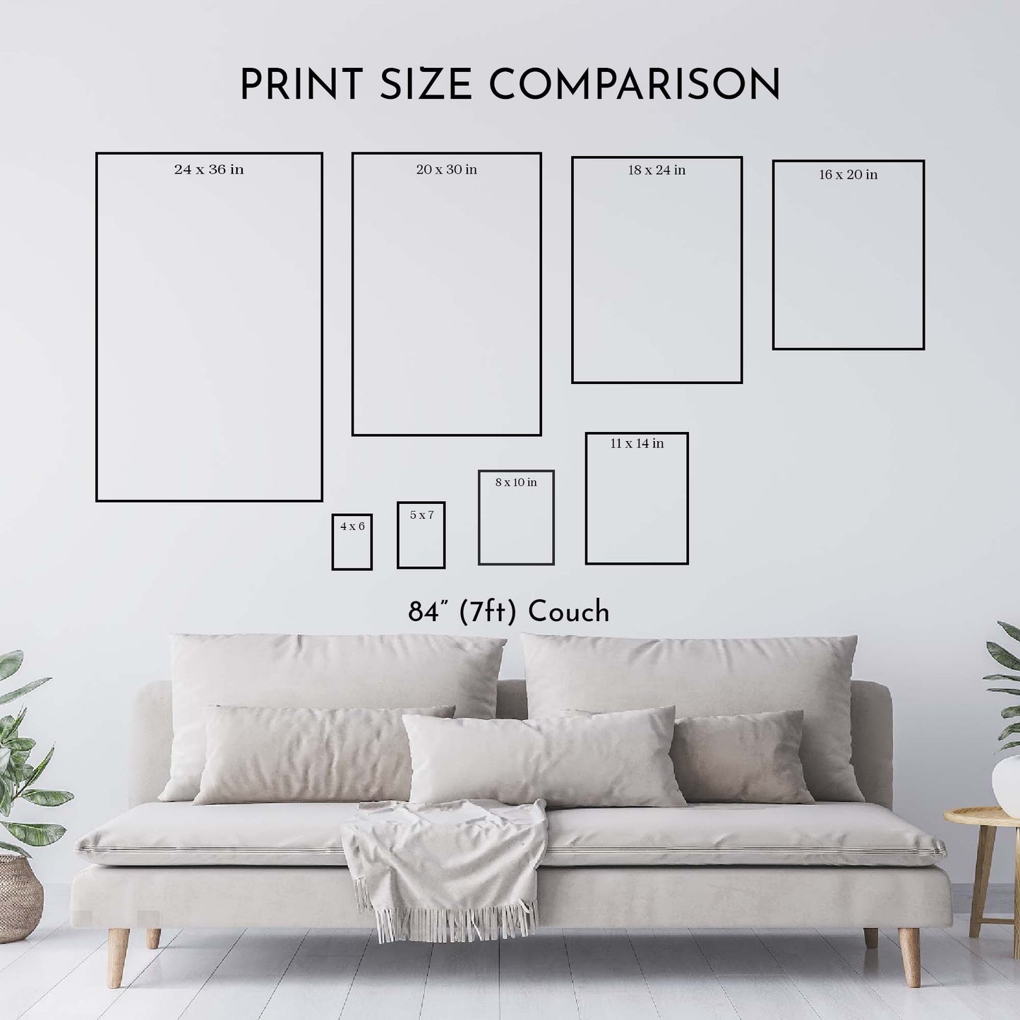 Print size comparison chart for wall art displayed above an 84-inch couch.