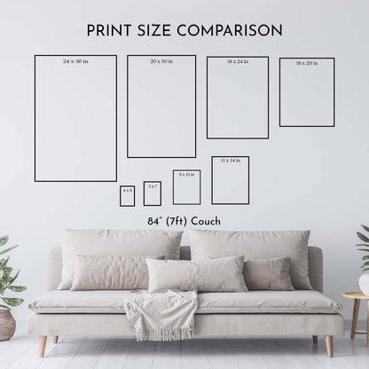 Print size comparison chart for wall art displayed above an 84-inch couch.