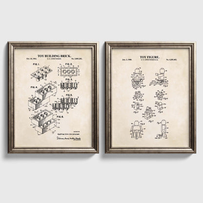 Set of two vintage toy brick patent prints featuring a building brick and coordinating toy figure in silver frames.