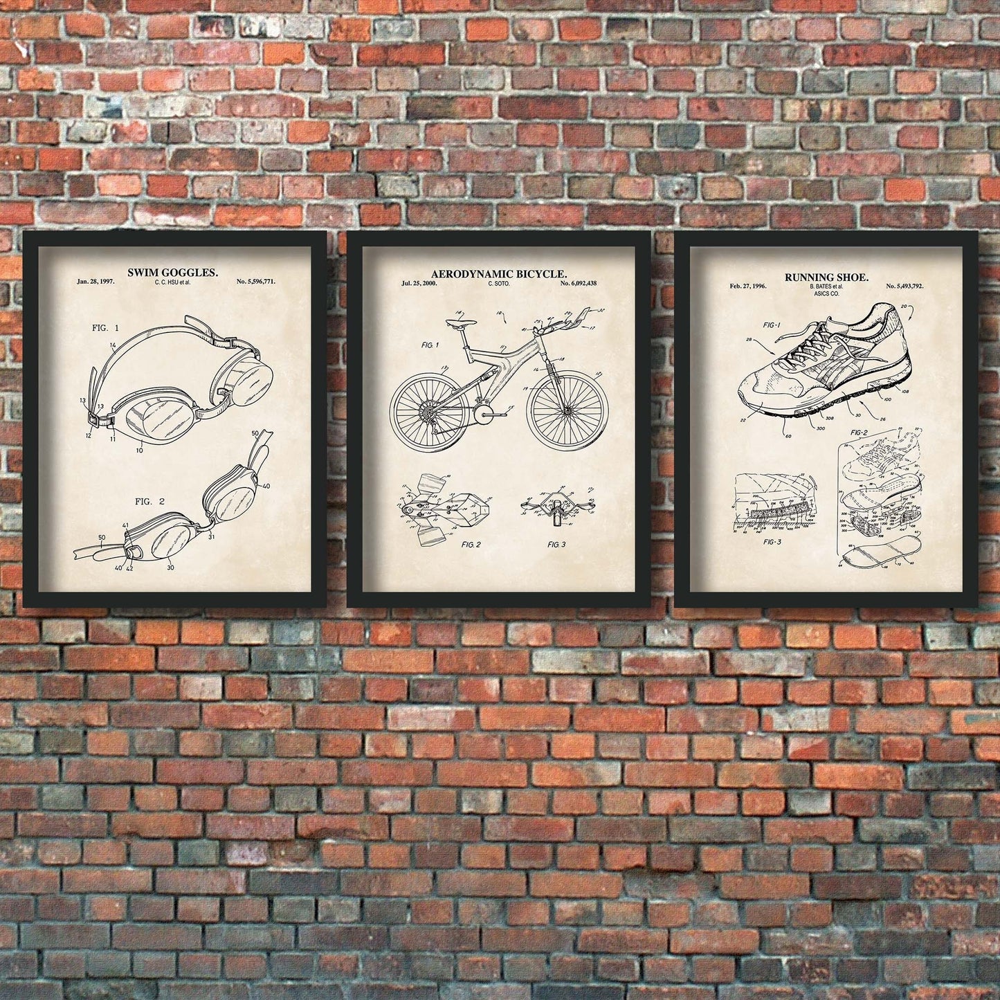 Triathlon Wall Art Set | Swim Goggles, Aero Bicycle and Running Shoe Patent Prints | Set of 3 Prints | PRINTABLE DIGITAL DOWNLOAD