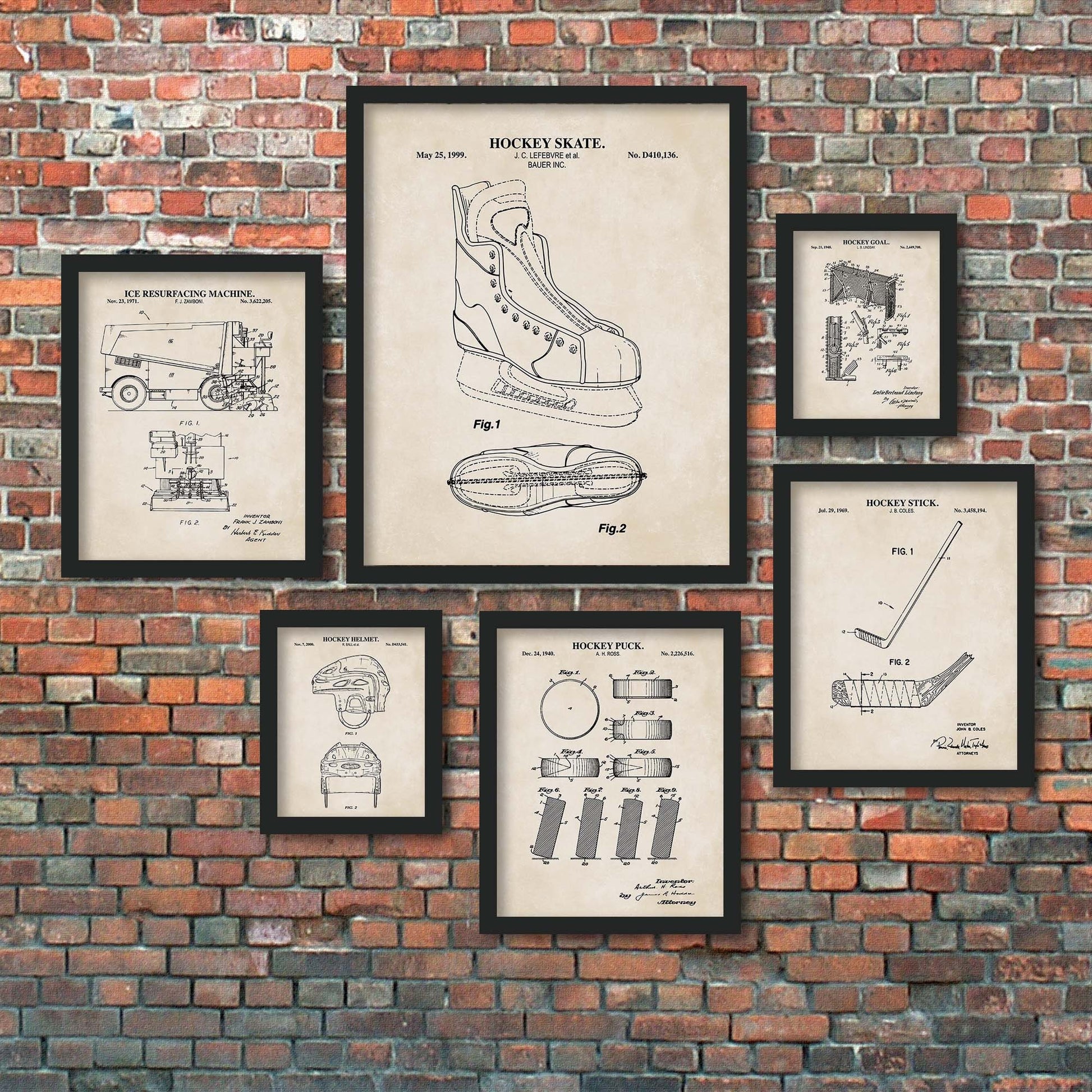 Hockey Wall Art Set | Patent Prints of Hockey Stick, Skate, Puck, Goal, Helmet and Ice Resurfacing Machine | PRINTABLE DIGITAL DOWNLOAD