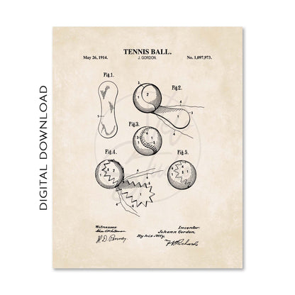 Tennis Wall Art | Tennis Court Diagram, Tennis Ball & Tennis Racket Patent Prints | Vintage Background | PRINTABLE DIGITAL DOWNLOAD