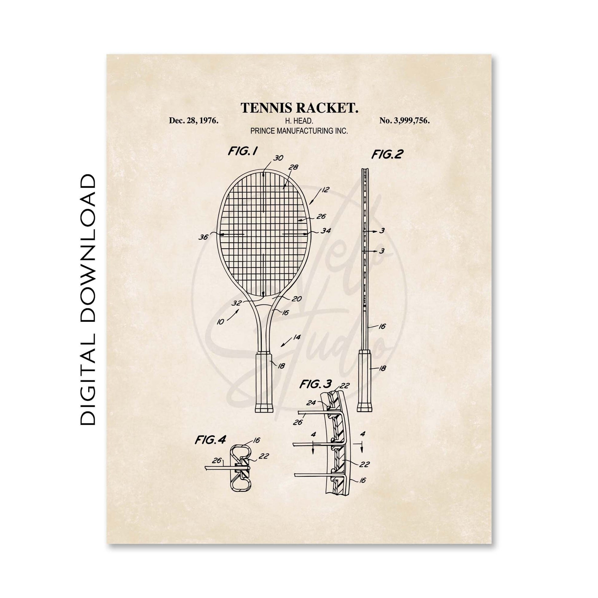 Tennis Wall Art | Tennis Court Diagram, Tennis Ball & Tennis Racket Patent Prints | Vintage Background | PRINTABLE DIGITAL DOWNLOAD