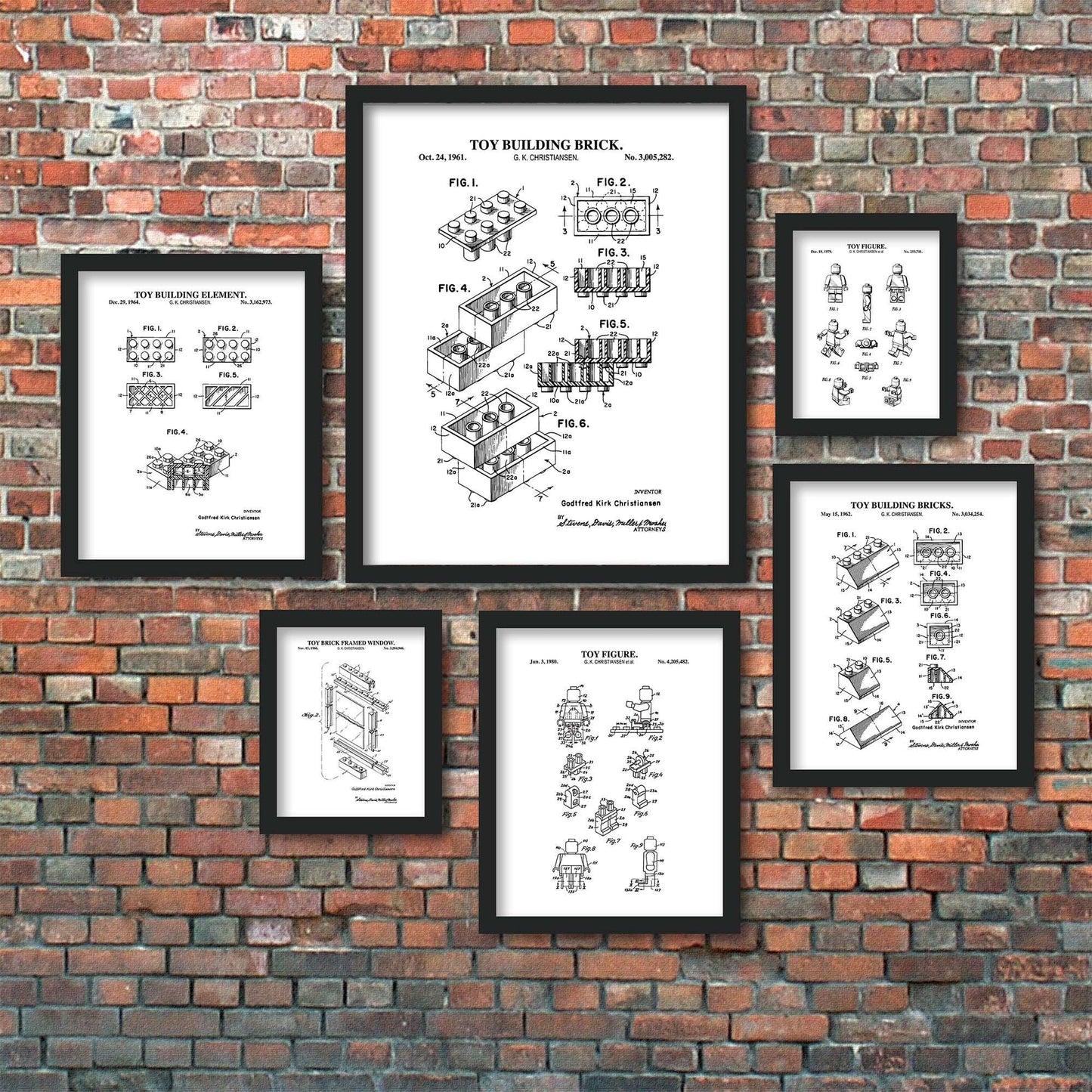 Toy Brick Patent Wall Art | Toy Blocks and Mini Toy Figures Patent Prints | Black & White Set of 6 Prints | PRINTABLE DIGITAL DOWNLOAD