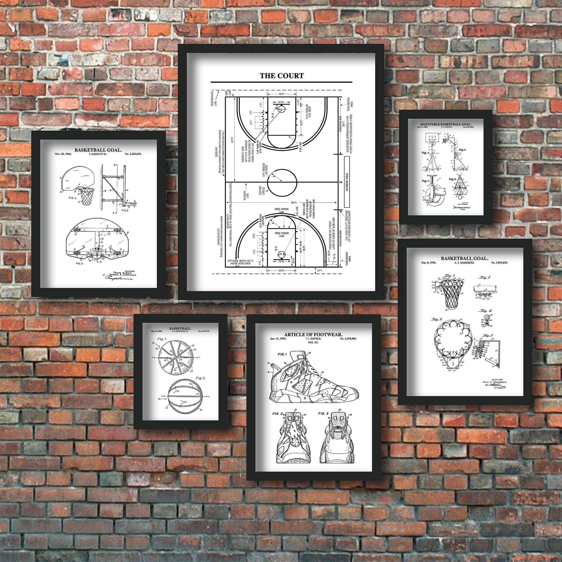 Basketball Wall Art | Patent Prints for Basketball, Backboard Hoop, Court, Shoe, Hoop and Net | Black & White | PRINTABLE DIGITAL DOWNLOAD