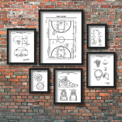 Basketball Wall Art | Patent Prints for Basketball, Backboard Hoop, Court, Shoe, Hoop and Net | Black & White | PRINTABLE DIGITAL DOWNLOAD