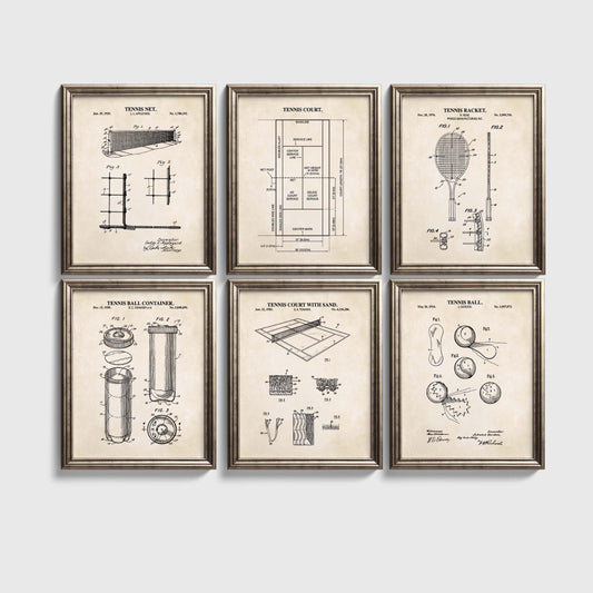 Tennis Patent Print Set | Vintage Tennis Wall Art | Tennis Decor | Gift for Tennis Player | Unframed Set of 6 Physical Prints