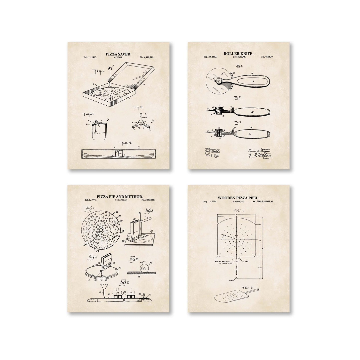 Vintage Pizza Patent Wall Art Set | Pizza Saver, Pizza Pie, Roller Knife, and Pizza Peel Patents | Unframed Set of 4 Physical Prints