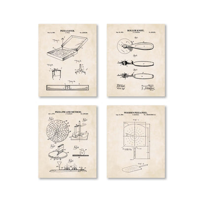 Vintage Pizza Patent Wall Art Set | Pizza Saver, Pizza Pie, Roller Knife, and Pizza Peel Patents | Unframed Set of 4 Physical Prints