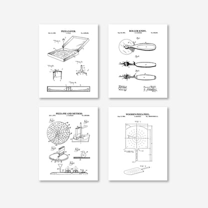 Vintage Pizza Patent Wall Art Set | Pizza Saver, Pizza Pie, Roller Knife, and Pizza Peel Patents | Unframed Set of 4 Physical Prints