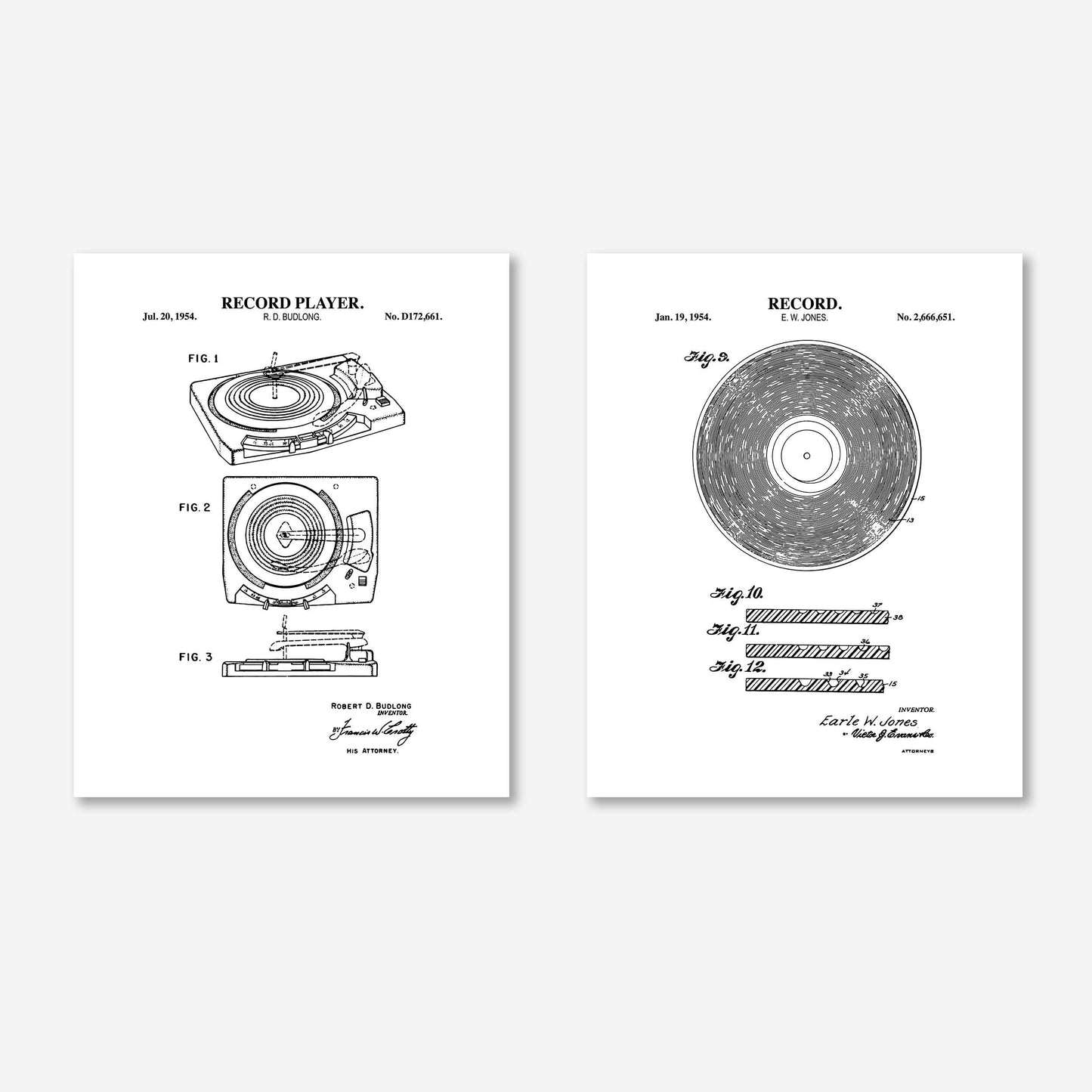 Vintage Vinyl Record Wall Art | Vinyl Record and Record Player Patent Prints | Music Room Decor | Unframed Set of 2 Physical Prints